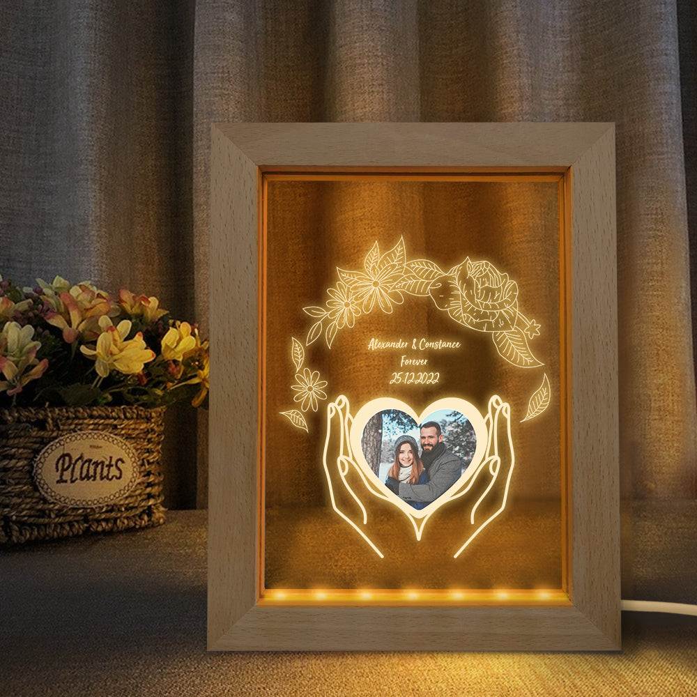Lampada Cornice in Legno 3D con Foto e Fiori Luce Personalizzata