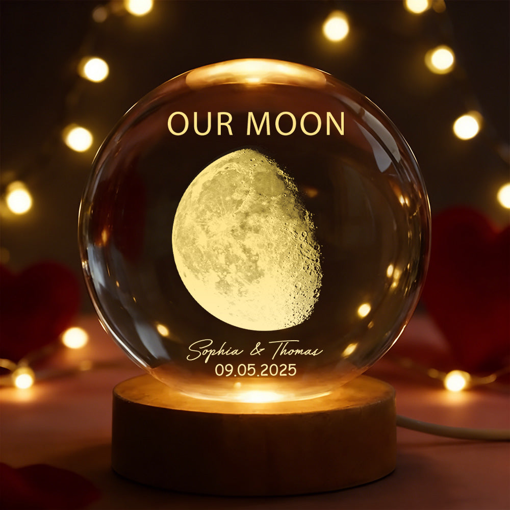 Sfera di Cristallo LED "La Nostra Luna" – Luce Notturna con Fase Lunare Personalizzata – Regalo Romantico per Anniversario e Coppie