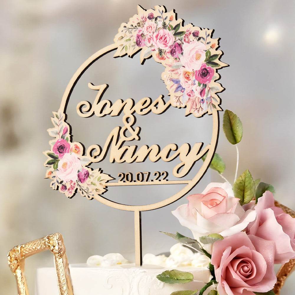 Cake Topper Matrimonio Personalizzato con Fiori Nome Sposi