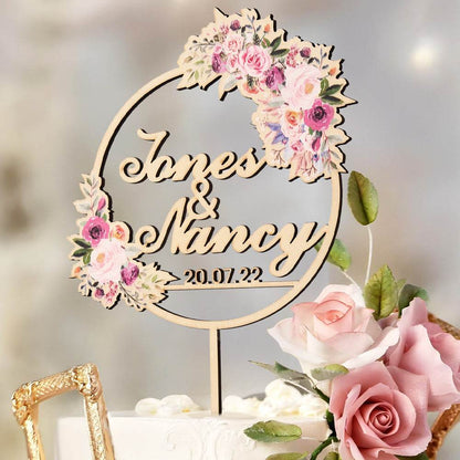 Cake Topper Matrimonio Personalizzato con Fiori Nome Sposi