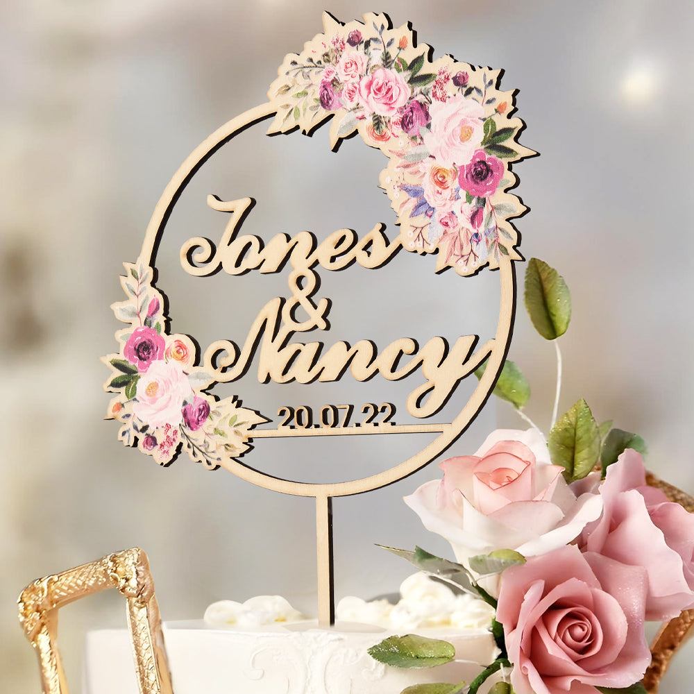 Cake Topper Matrimonio Personalizzato con Fiori Nome Sposi