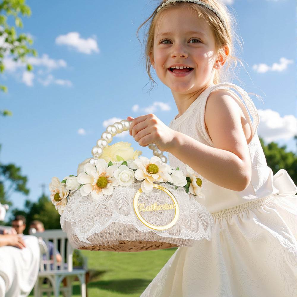 Cestino Porta Bomboniere Confetti Comunione Fiori Flower Girl Rattan Personalizzato Nome Manico di Perle e Fiori Segnatavolo Segnaposto
