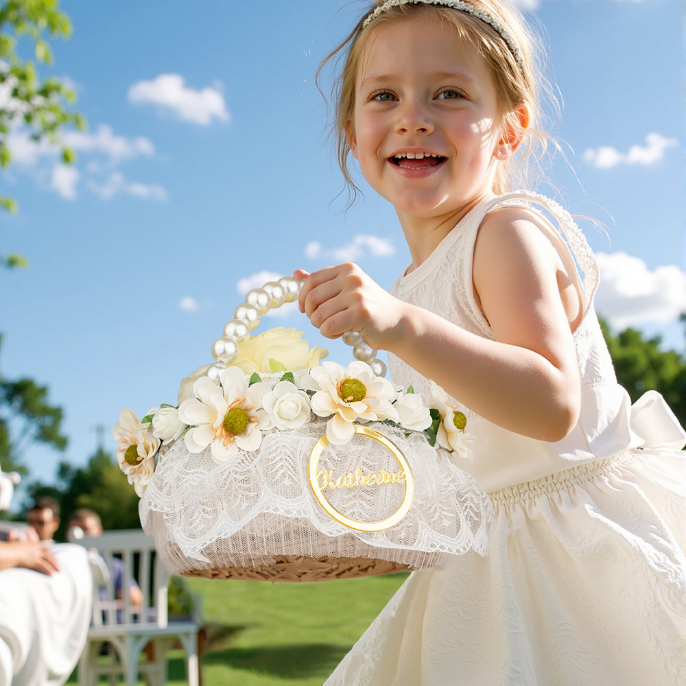 Cestino Porta Bomboniere Confetti Comunione Fiori Flower Girl Rattan Personalizzato Nome Manico di Perle e Fiori Segnatavolo Segnaposto