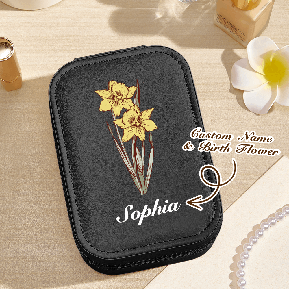 Portagioie Personalizzato con Fiore di Nascita e Specchio LED e Nome