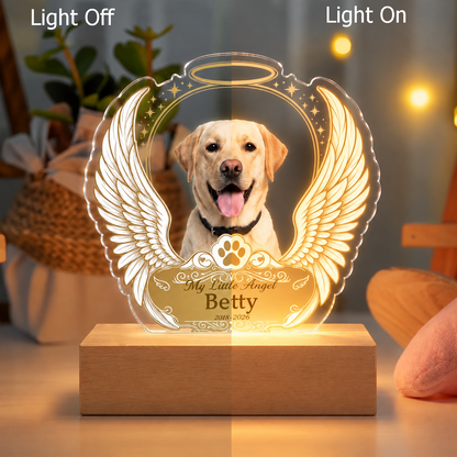 Lampada LED Ricordo Cane Gatto con Ali d'Angelo Foto Acrilico Plexiglass
