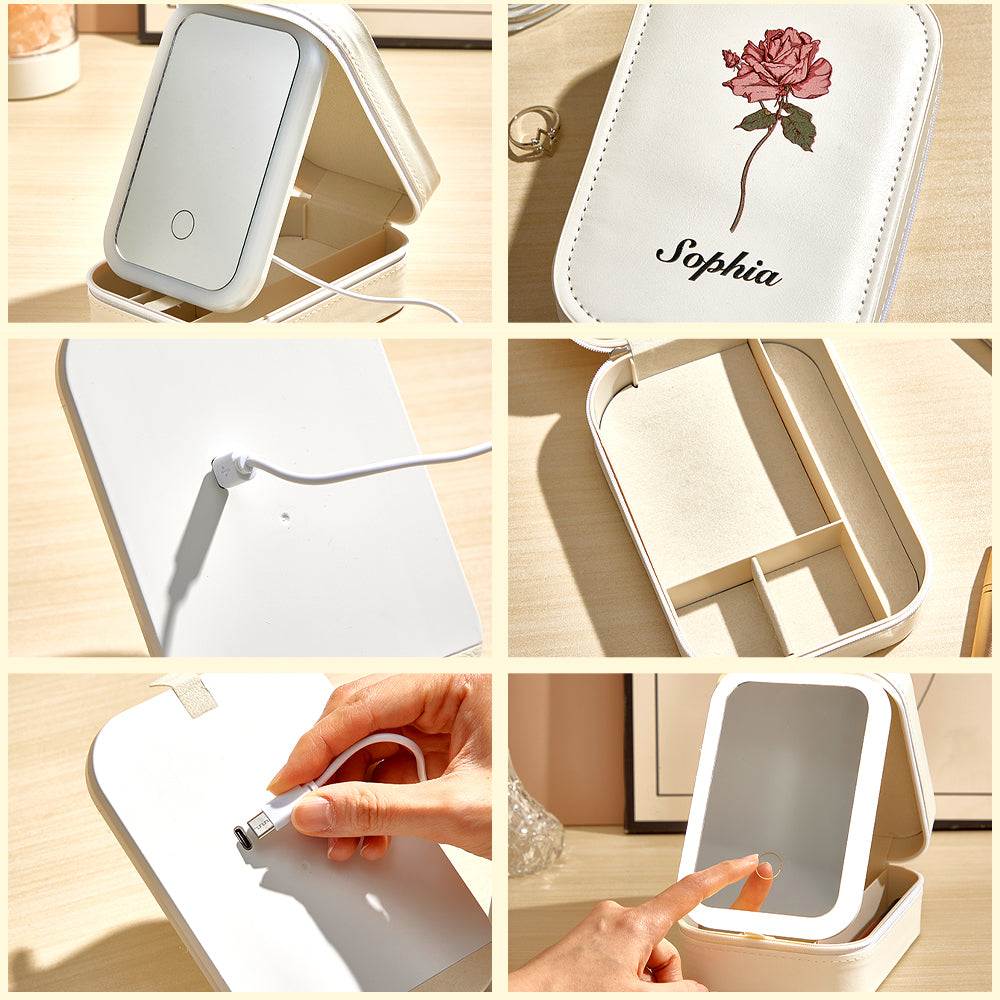 Portagioie Personalizzato con Fiore di Nascita e Specchio LED e Nome