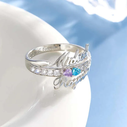 Anello Doppio Cuore con Pietre di Nascita e Nomi personalizzato - idea regalo Lei - Mamma