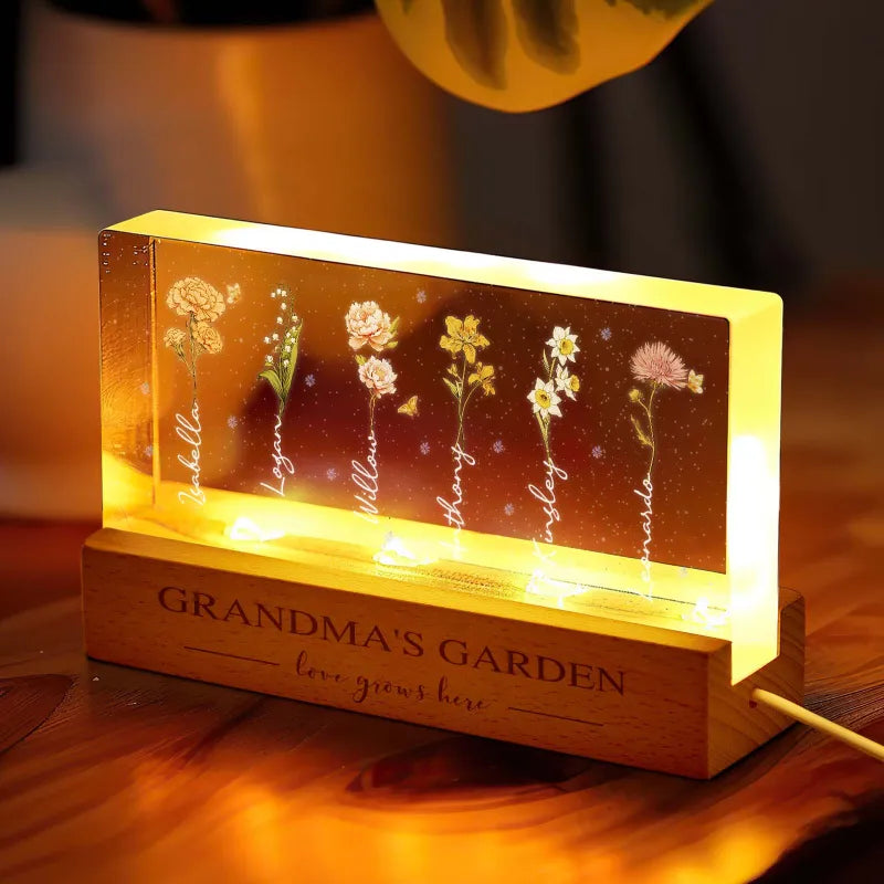 Lampada LED Giardino della Nonna con Fiori di Nascita Regalo Personalizzato