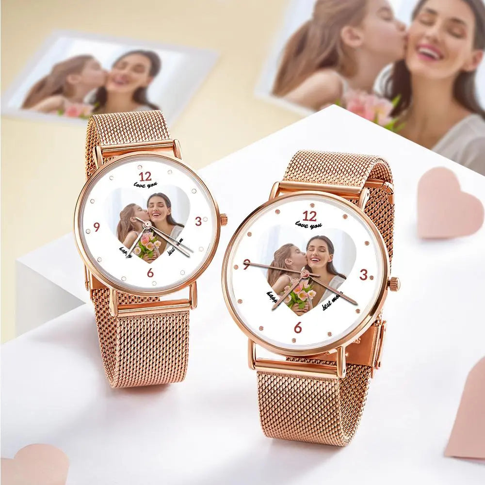 Orologio con Foto Incisa e Bracciale in Lega Oro Rosa – Quadrante 36mm – Regalo Personalizzato per la Mamma