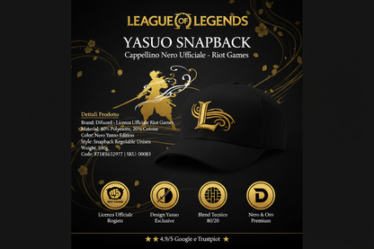 Cappellino League of Legends Yasuo Snapback Nero - Berretto Regolabile Unisex