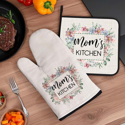 Set personalizzato di guanto da forno e presina isolanti con motivo floreale e testo – decorazione da cucina, idea regalo per la mamma