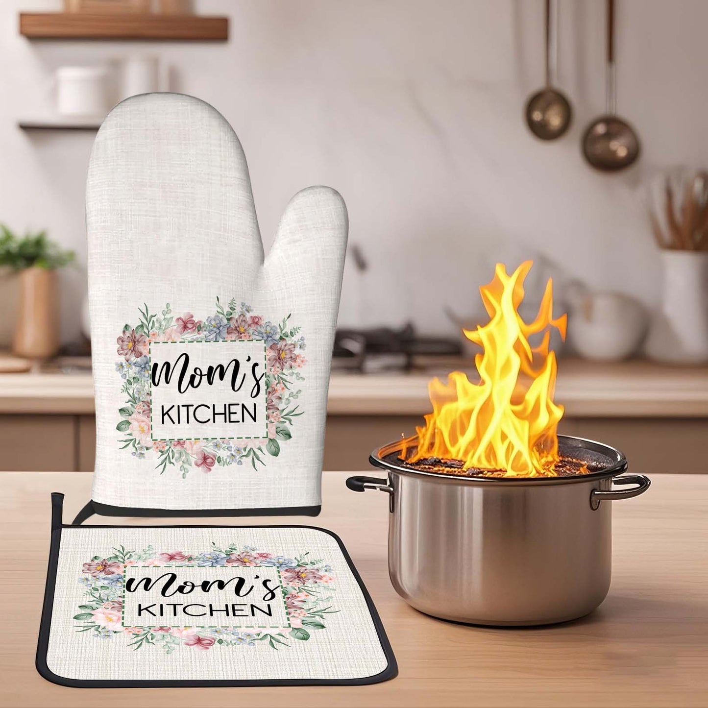 Set personalizzato di guanto da forno e presina isolanti con motivo floreale e testo – decorazione da cucina, idea regalo per la mamma