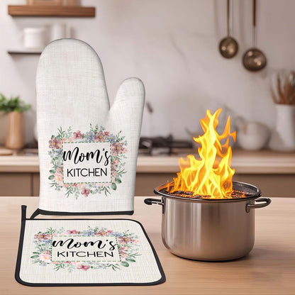 Set personalizzato di guanto da forno e presina isolanti con motivo floreale e testo – decorazione da cucina, idea regalo per la mamma