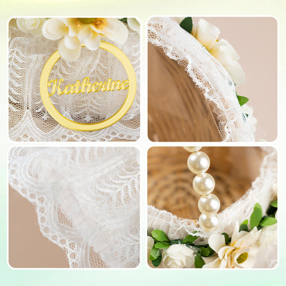 Cestino Porta Bomboniere Confetti Comunione Fiori Flower Girl Rattan Personalizzato Nome Manico di Perle e Fiori Segnatavolo Segnaposto
