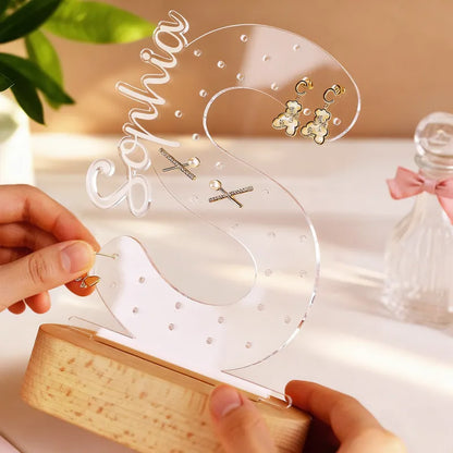 Porta Orecchini Personalizzato con Nome e Luce Notturna – Espositore per Gioielli in Acrilico – Regalo di Compleanno per Lei e per la Mamma