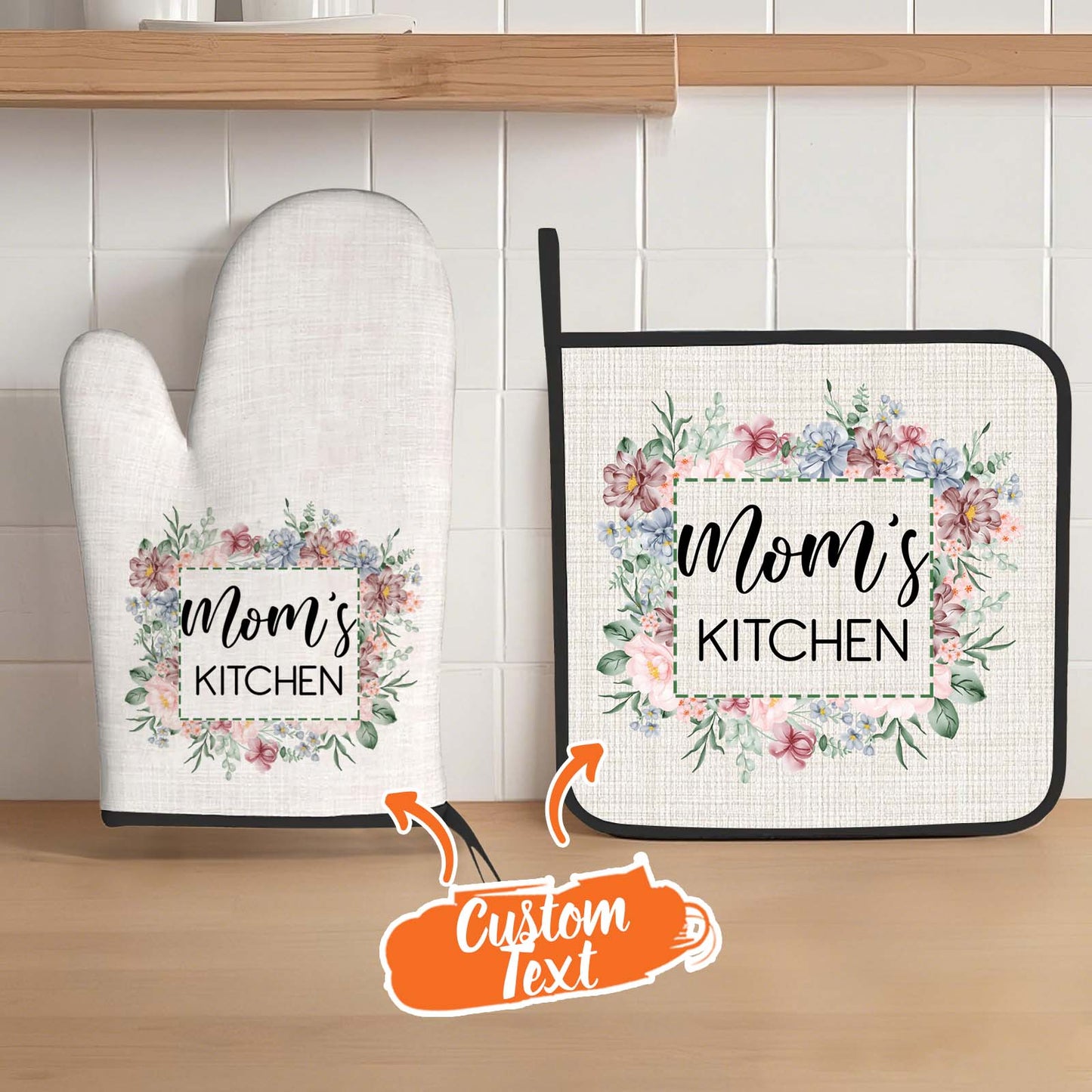 Set personalizzato di guanto da forno e presina isolanti con motivo floreale e testo – decorazione da cucina, idea regalo per la mamma