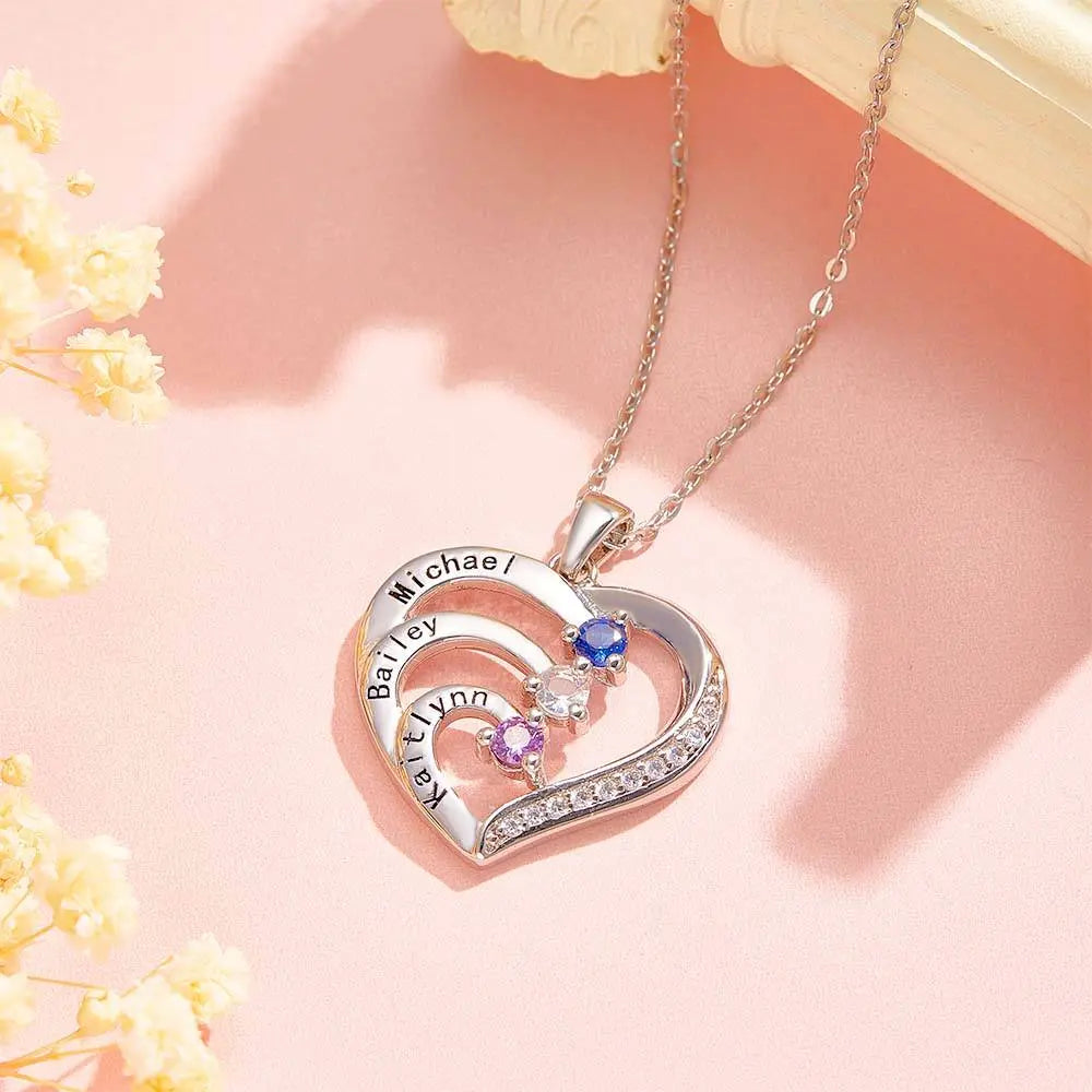 Collana Cuore Personalizzata con Nomi e Pietre Nascita Regalo Mamma