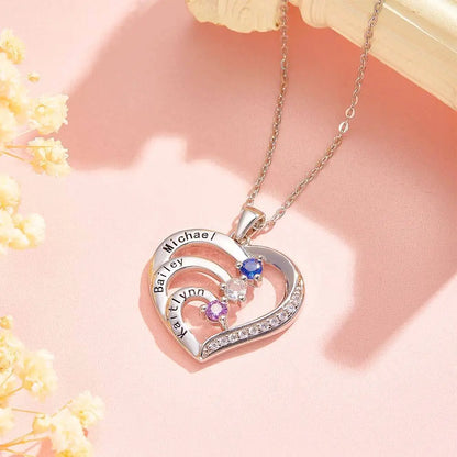Collana Cuore Personalizzata con Nomi e Pietre Nascita Regalo Mamma