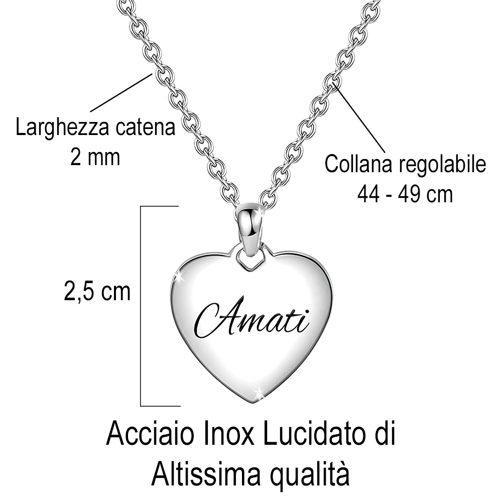 Collana da Donna a Cuore con Incisione 'Amati' in Acciaio Inox Lucidato -  Ricorda di Amarti Sempre
