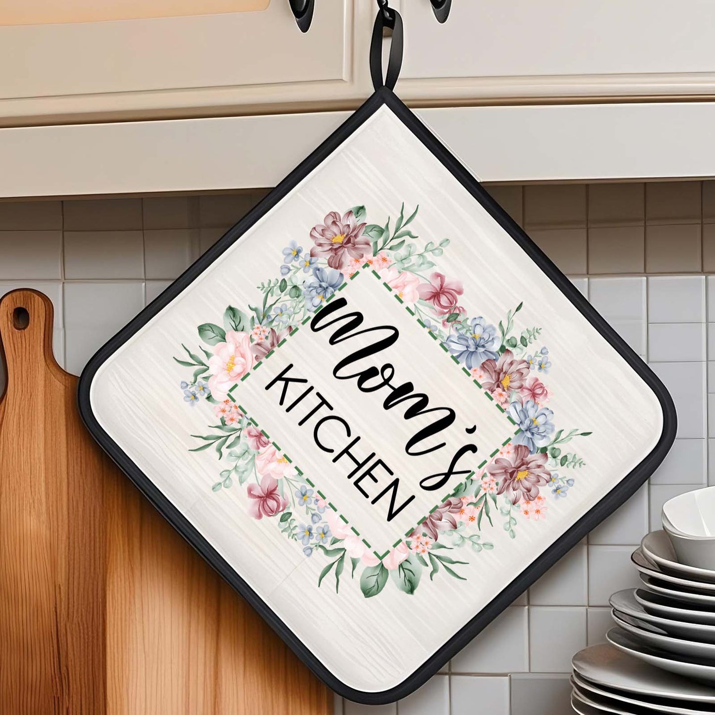 Set personalizzato di guanto da forno e presina isolanti con motivo floreale e testo – decorazione da cucina, idea regalo per la mamma