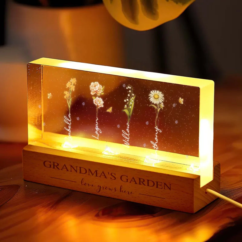 Lampada LED Giardino della Nonna con Fiori di Nascita Regalo Personalizzato